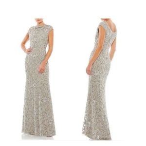 NWT Mac Duggal Size 12 Taupe Silver Sequin Floral Leaf Cowl Neck Trumpet Gown